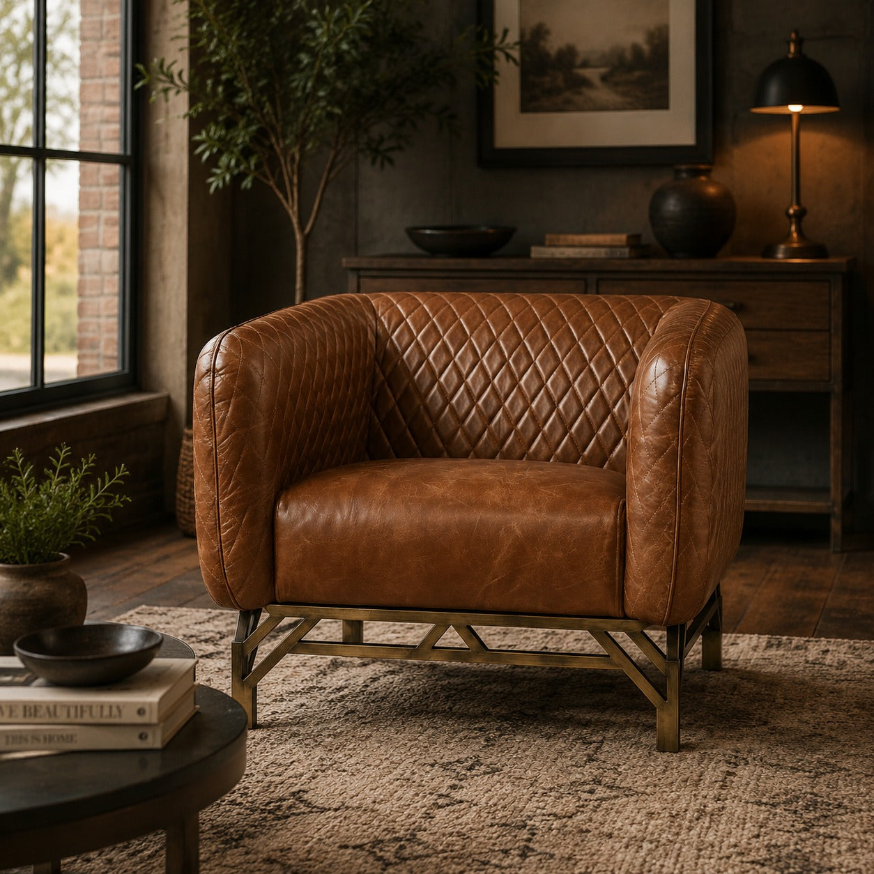 Vincent Industrial Modern Arm Chair - Light Brown Leather