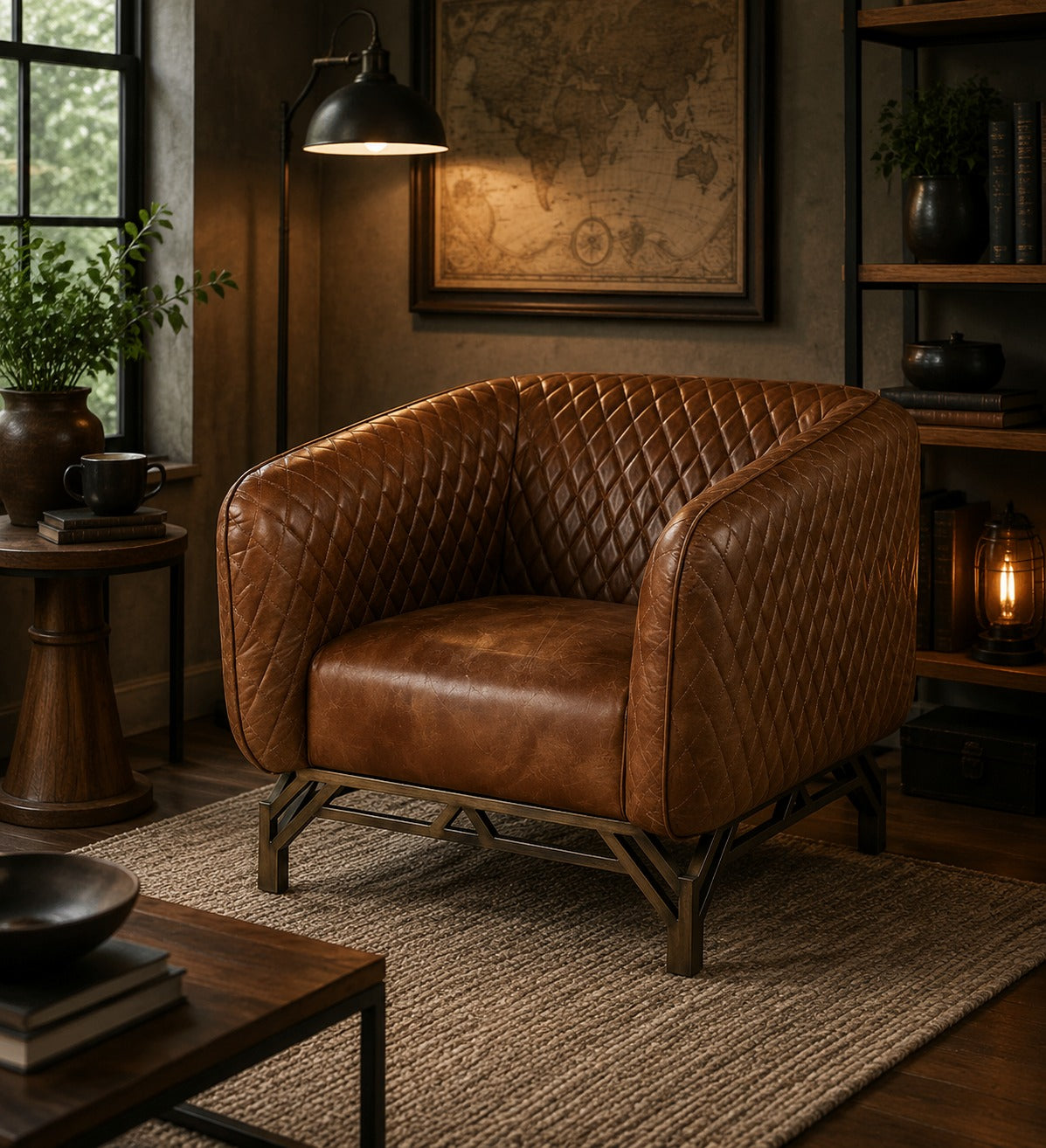 Vincent Industrial Modern Arm Chair - Light Brown Leather
