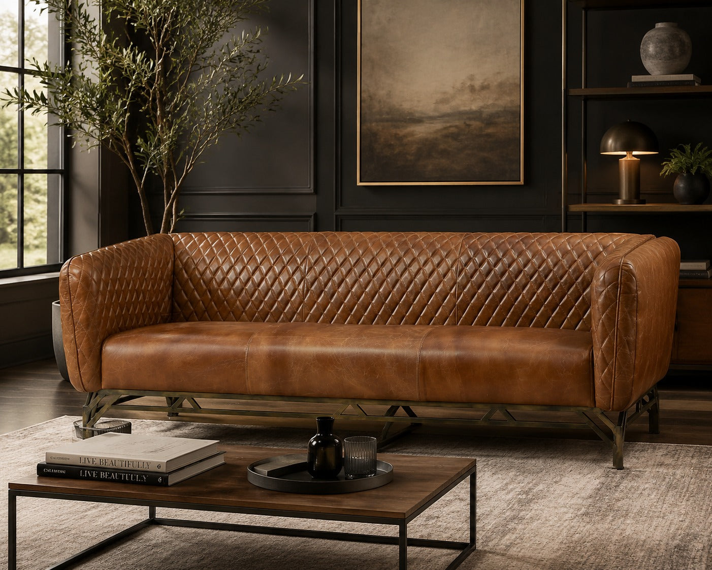 Vincent Industrial Modern Sofa - Light Brown Leather