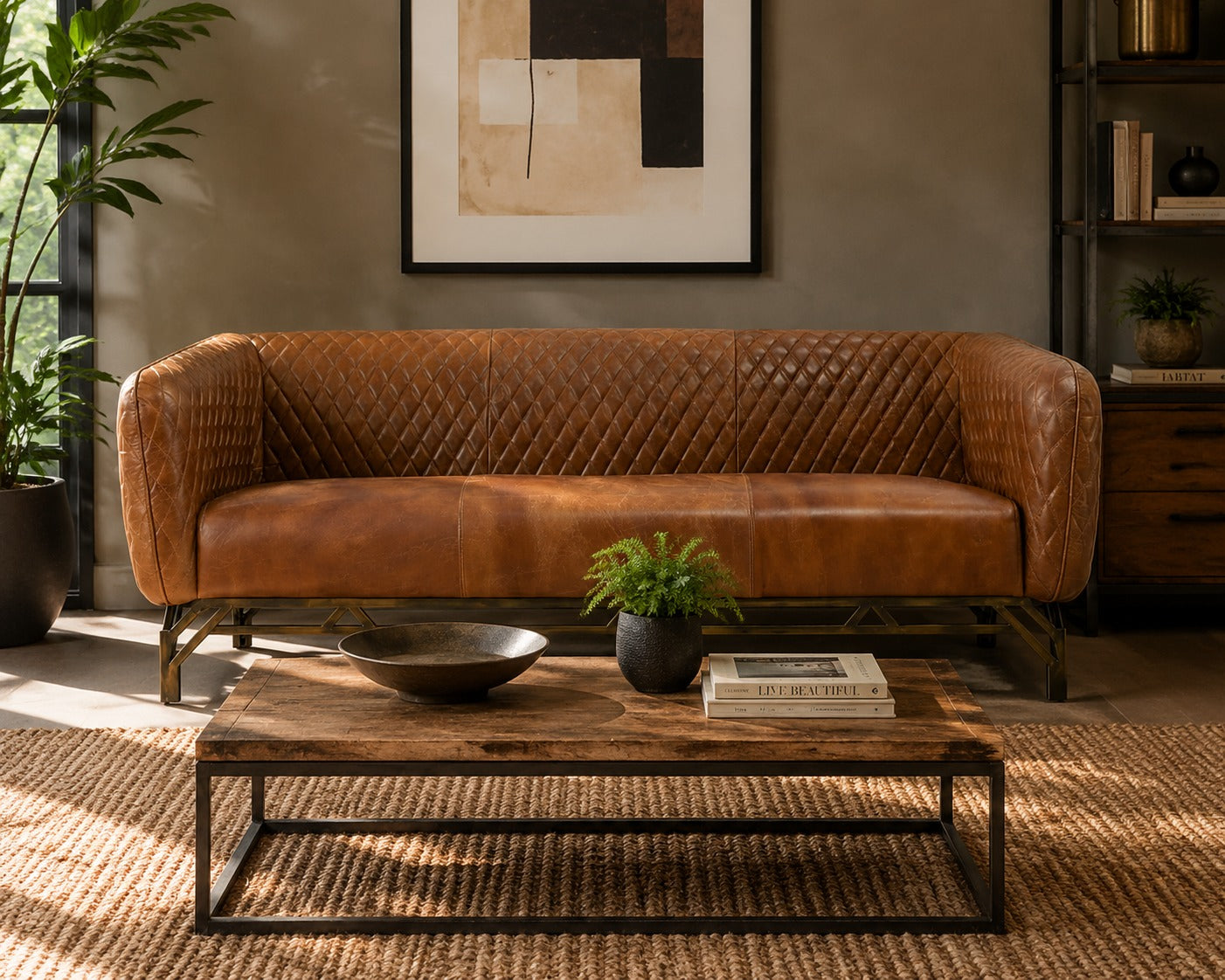 Vincent Industrial Modern Sofa - Light Brown Leather