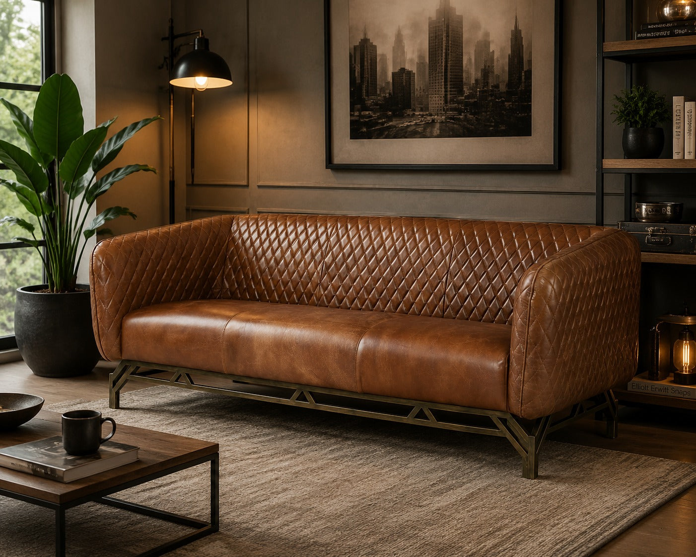Vincent Industrial Modern Sofa - Light Brown Leather