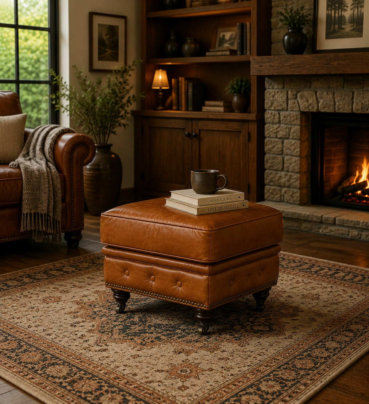 Belgravia Classic Top Grain Leather Ottoman with Button Tufting and Brass Nail head Trim