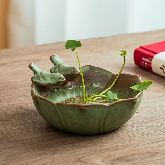 A Ceramic Flower Pot Featuring a Small Outdoor Double Bird Statue, Available in Two Styles, Suitable for Hydroponics Or Soil Planting, in Bronze Color. Can Be Placed Indoors Or in The Garden. [Plants Not Included]