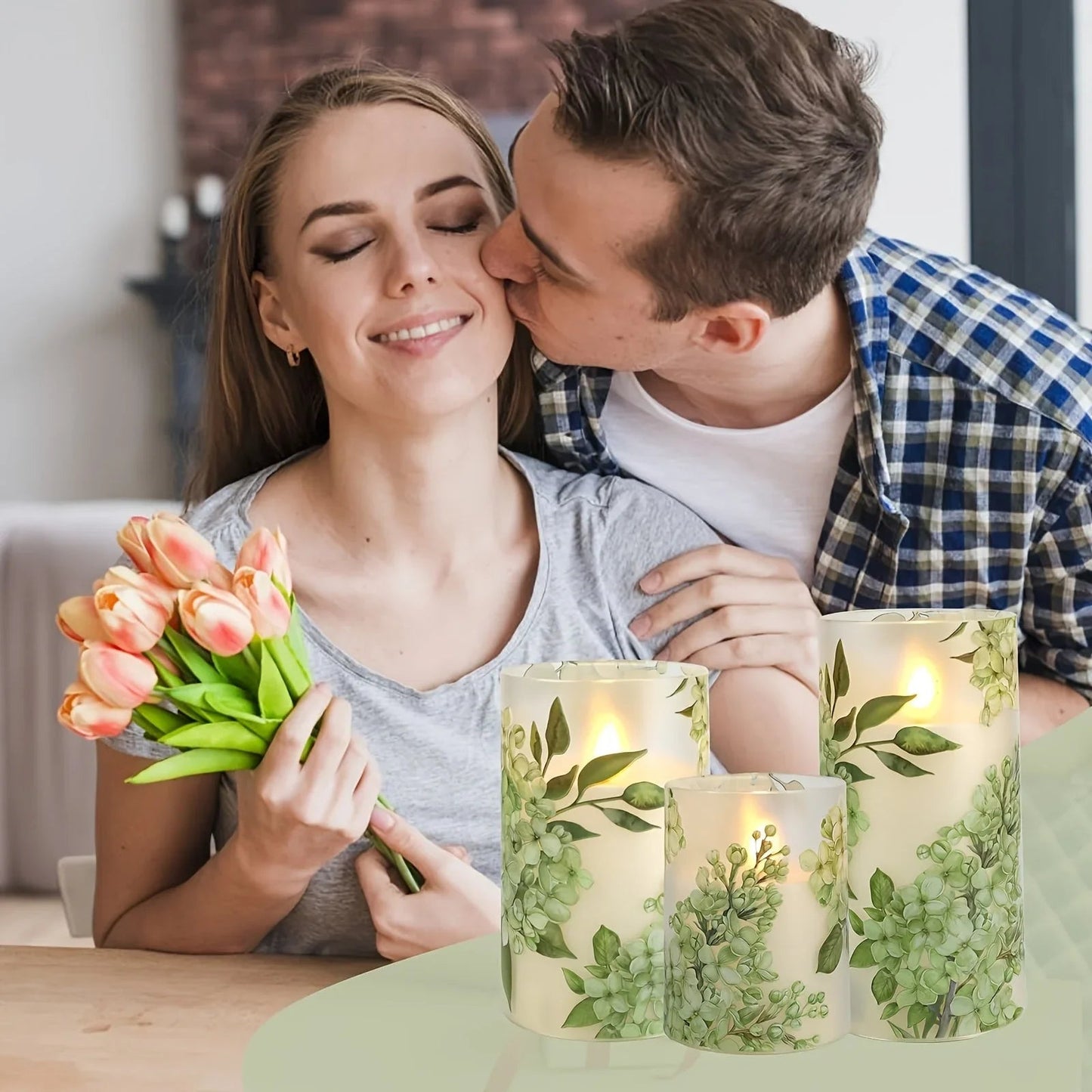 A set of 3 flameless candles, flickering LED pillar candles, with a 10-button remote control. They feature a green floral theme, are suitable for spring and summer, and can be used on the dining tables at wedding venues