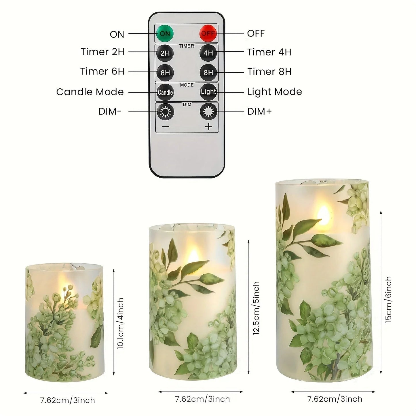 A set of 3 flameless candles, flickering LED pillar candles, with a 10-button remote control. They feature a green floral theme, are suitable for spring and summer, and can be used on the dining tables at wedding venues