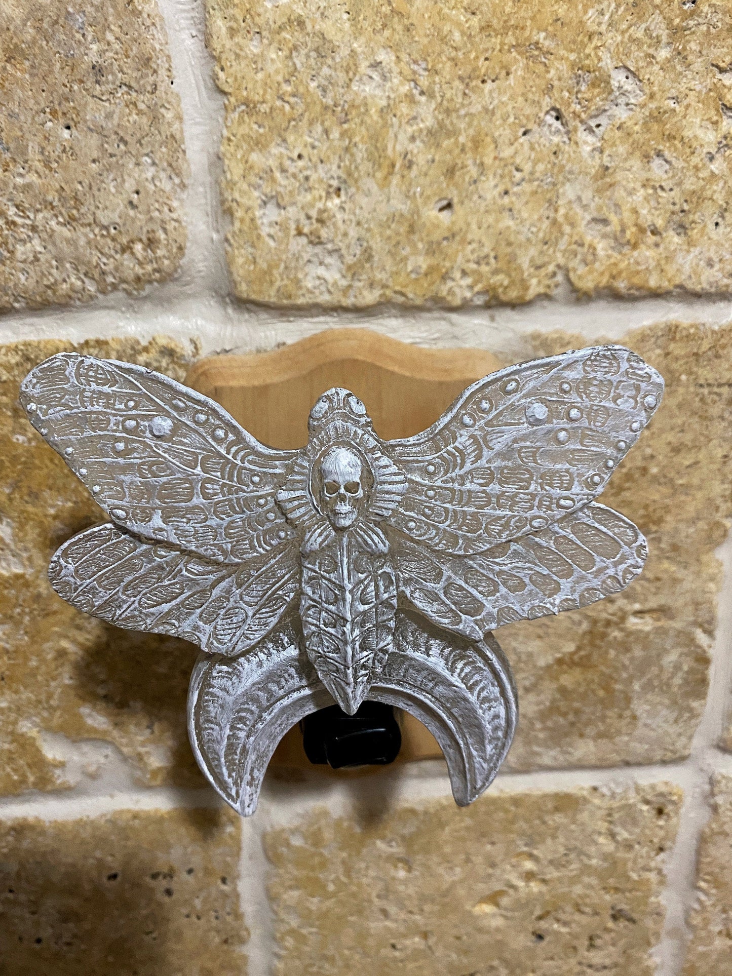 Death's Head Moth Nightlight, Hand Painted Resin Sculpture | Witchy Gothic Night Light |  Moth and Moon Light for Gothic Fantasy Home Decor