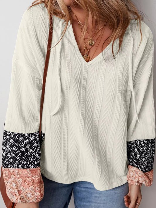 Floral Patchwork Textured Knit Drawstring V Neck Blouse
