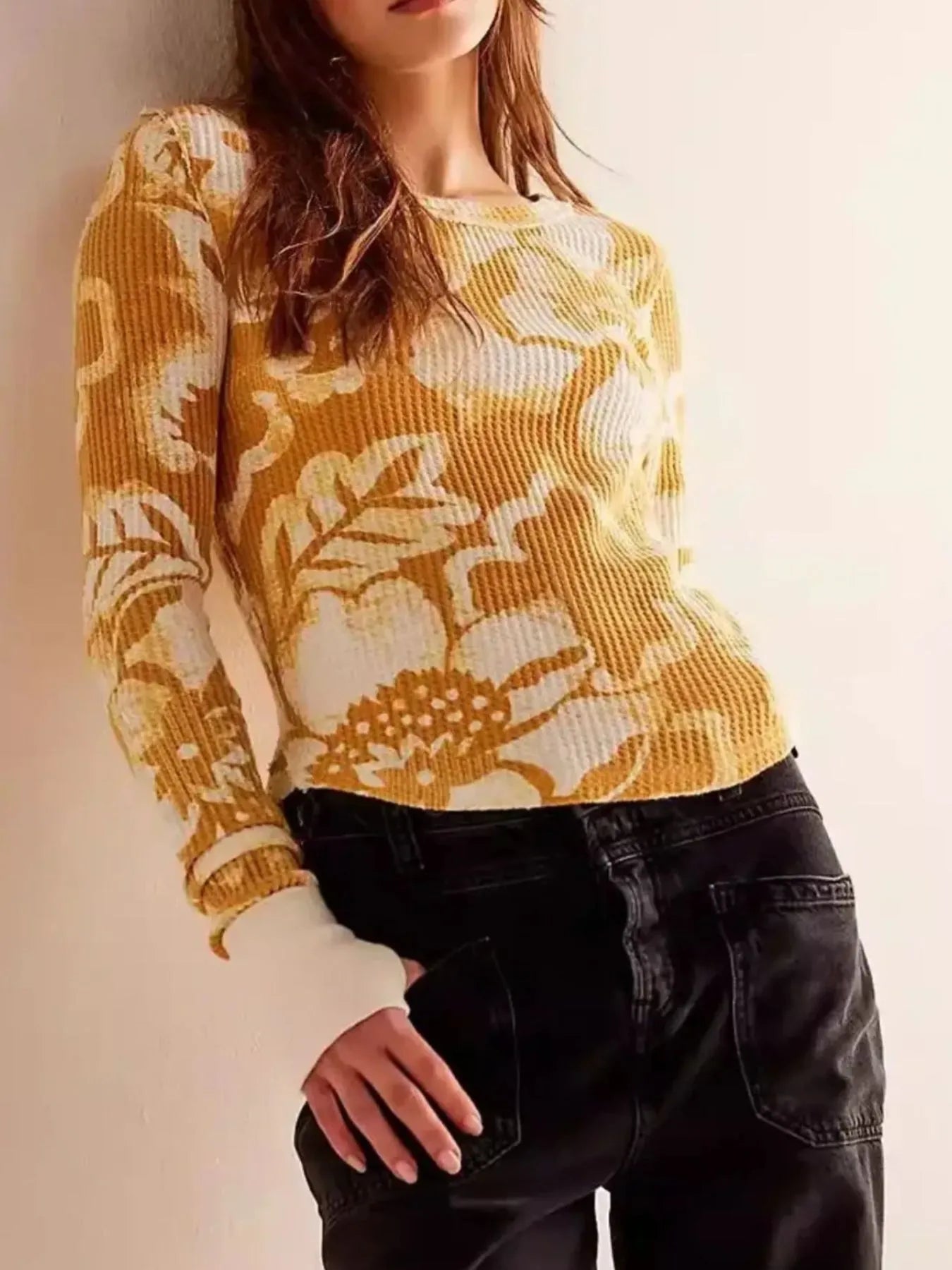 Floral Print Waffle Knit Top