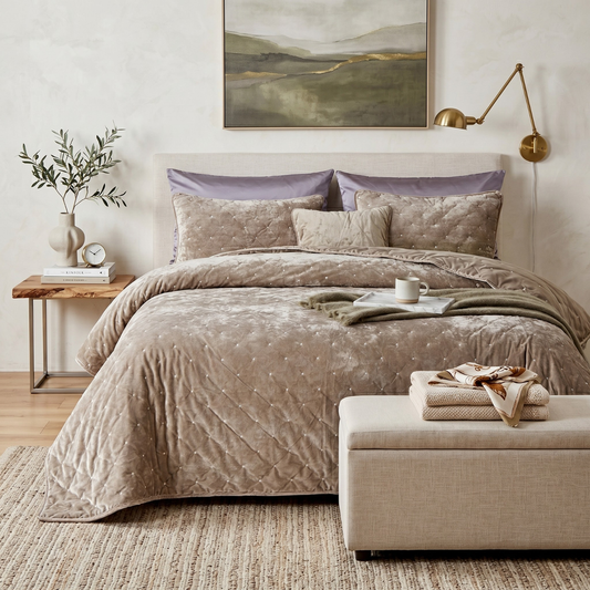 Tache Plush Dreams Sand Taupe Beige Tufted Velvet Quilt Set (JHW-853B)