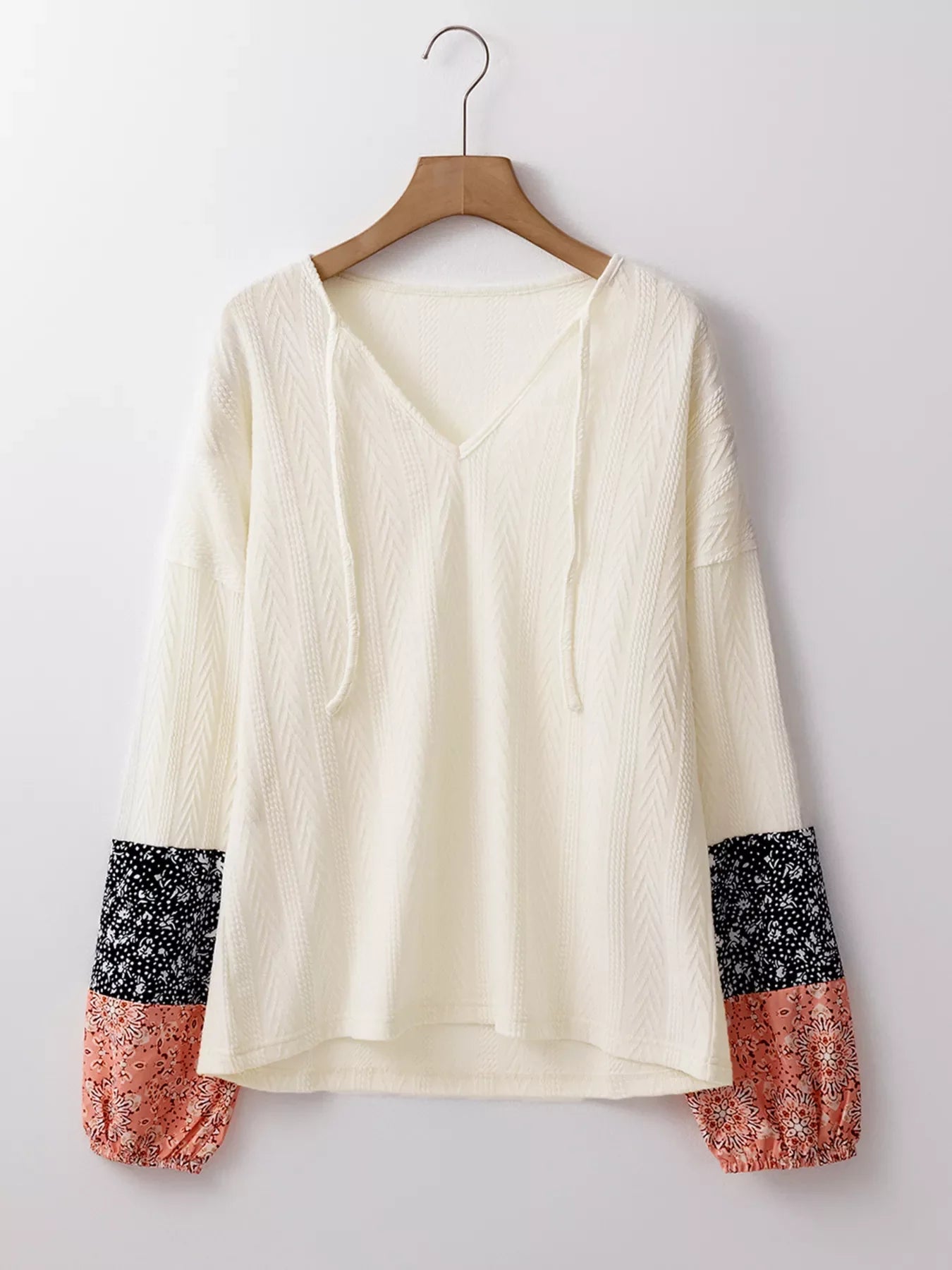 Floral Patchwork Textured Knit Drawstring V Neck Blouse