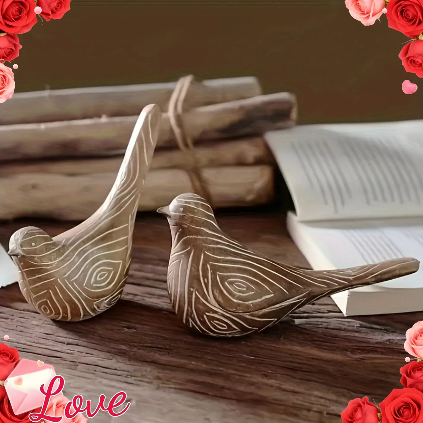 Bird Statues - Decorative Wood Grain Lovebirds