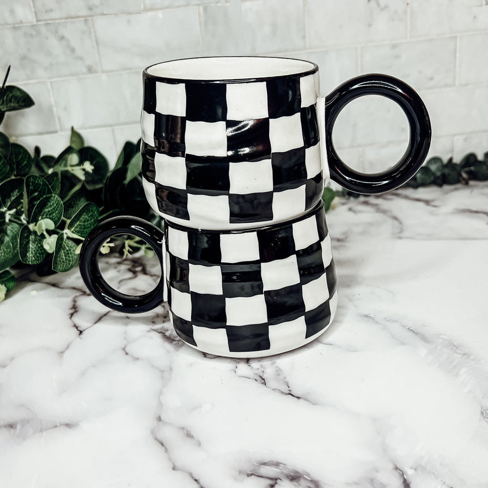 Black And White Checkered Ceramic Mug 13.5oz Hand-Painted Retro Dishwasher Safe