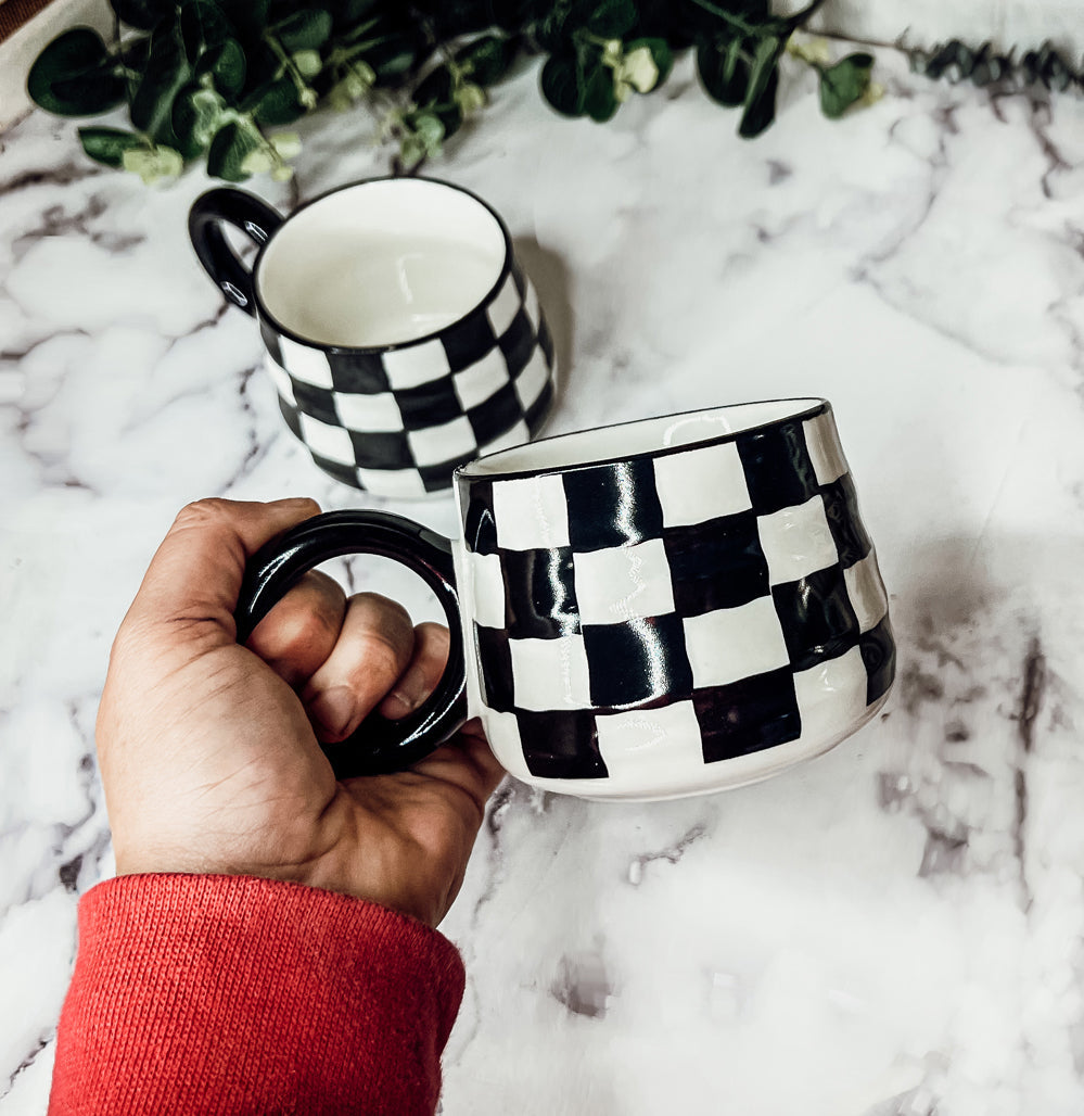 Black And White Checkered Ceramic Mug 13.5oz Hand-Painted Retro Dishwasher Safe