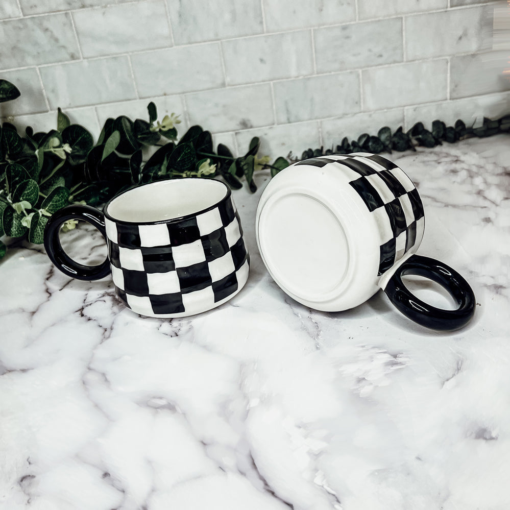 Black And White Checkered Ceramic Mug 13.5oz Hand-Painted Retro Dishwasher Safe