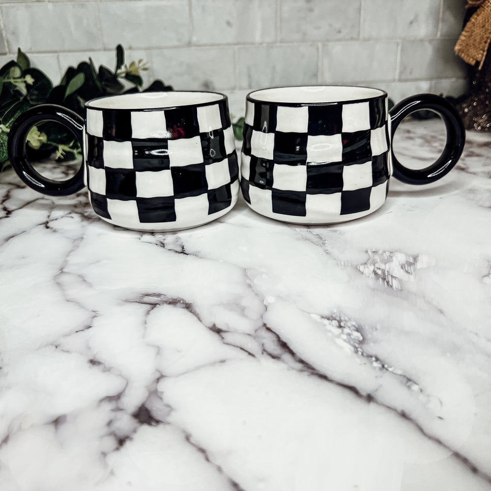 Black And White Checkered Ceramic Mug 13.5oz Hand-Painted Retro Dishwasher Safe