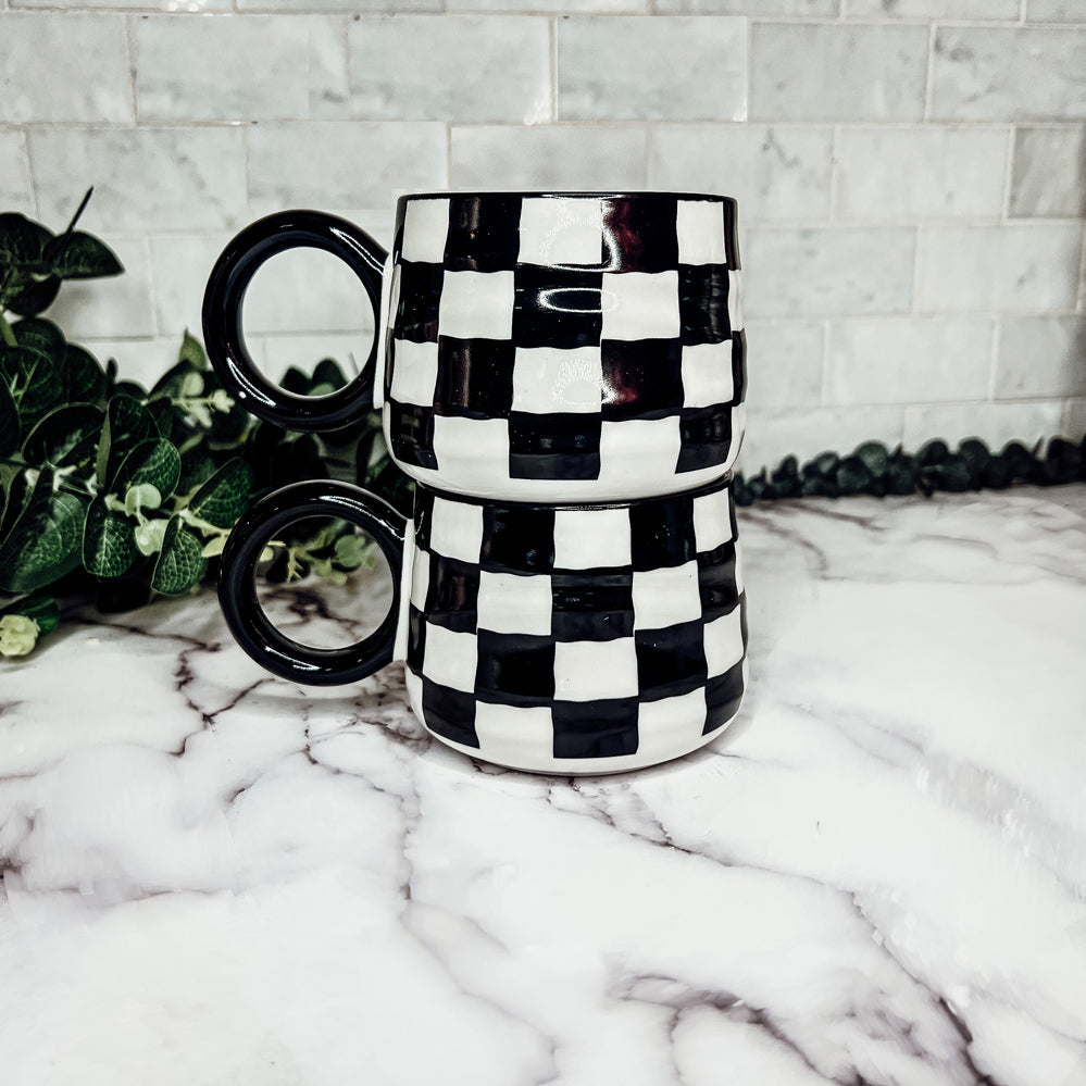Black And White Checkered Ceramic Mug 13.5oz Hand-Painted Retro Dishwasher Safe