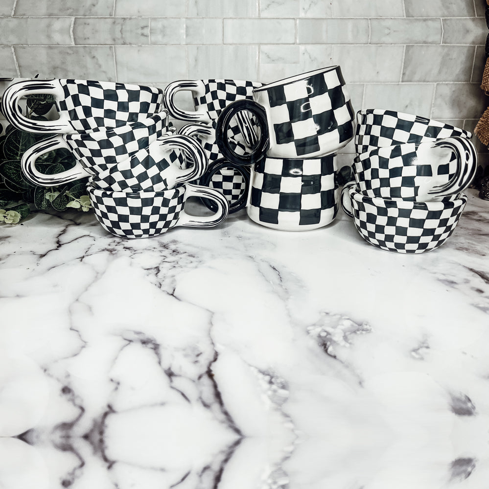 Black And White Checkered Ceramic Mug 13.5oz Hand-Painted Retro Dishwasher Safe