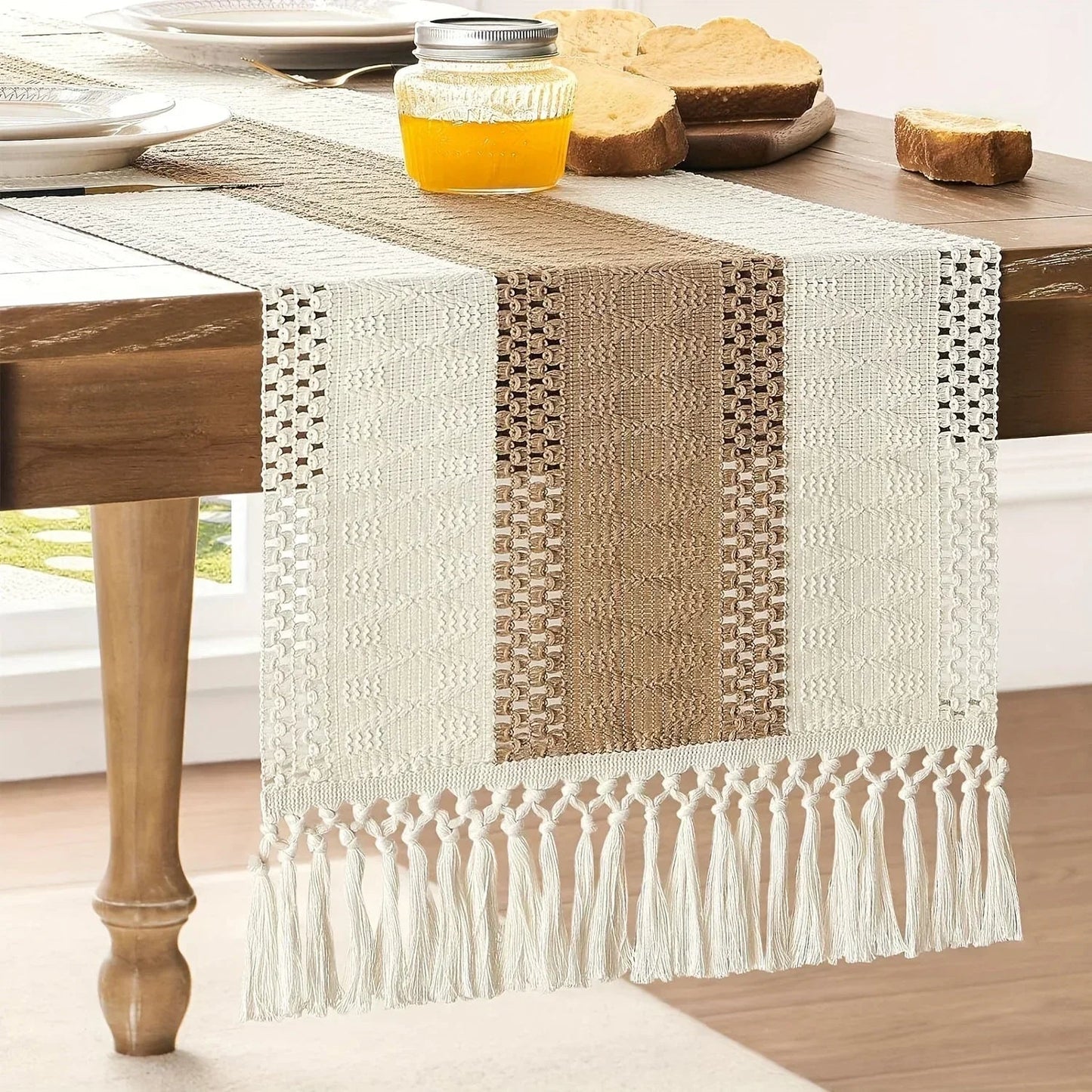 [Boho Chic Table Runner] Bohemian Chic Table Runner, 1pc Farmhouse Rustic Cream Brown Design | Macrame Crochet Polyester with Tassels - Infuses Boho Flair for Dining Room, Bedroom, Living Room Decor