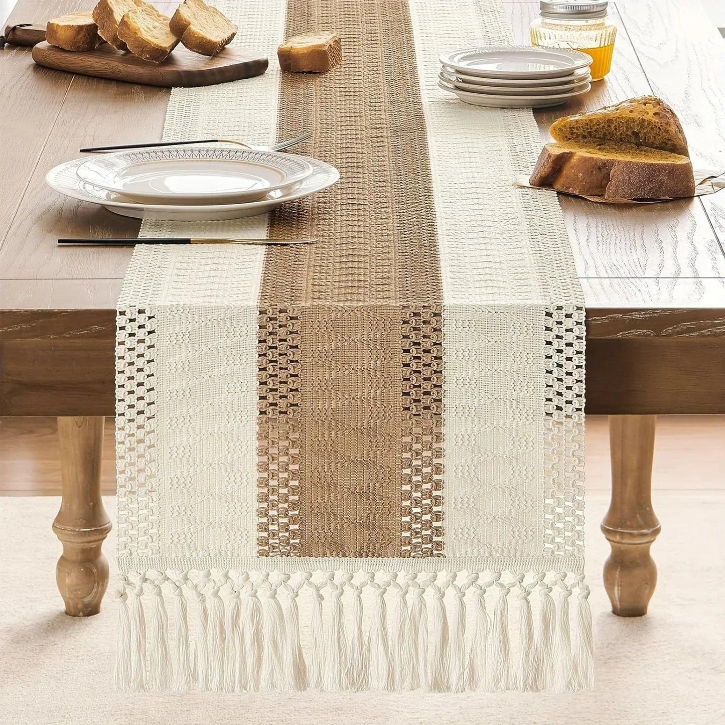 [Boho Chic Table Runner] Bohemian Chic Table Runner, 1pc Farmhouse Rustic Cream Brown Design | Macrame Crochet Polyester with Tassels - Infuses Boho Flair for Dining Room, Bedroom, Living Room Decor