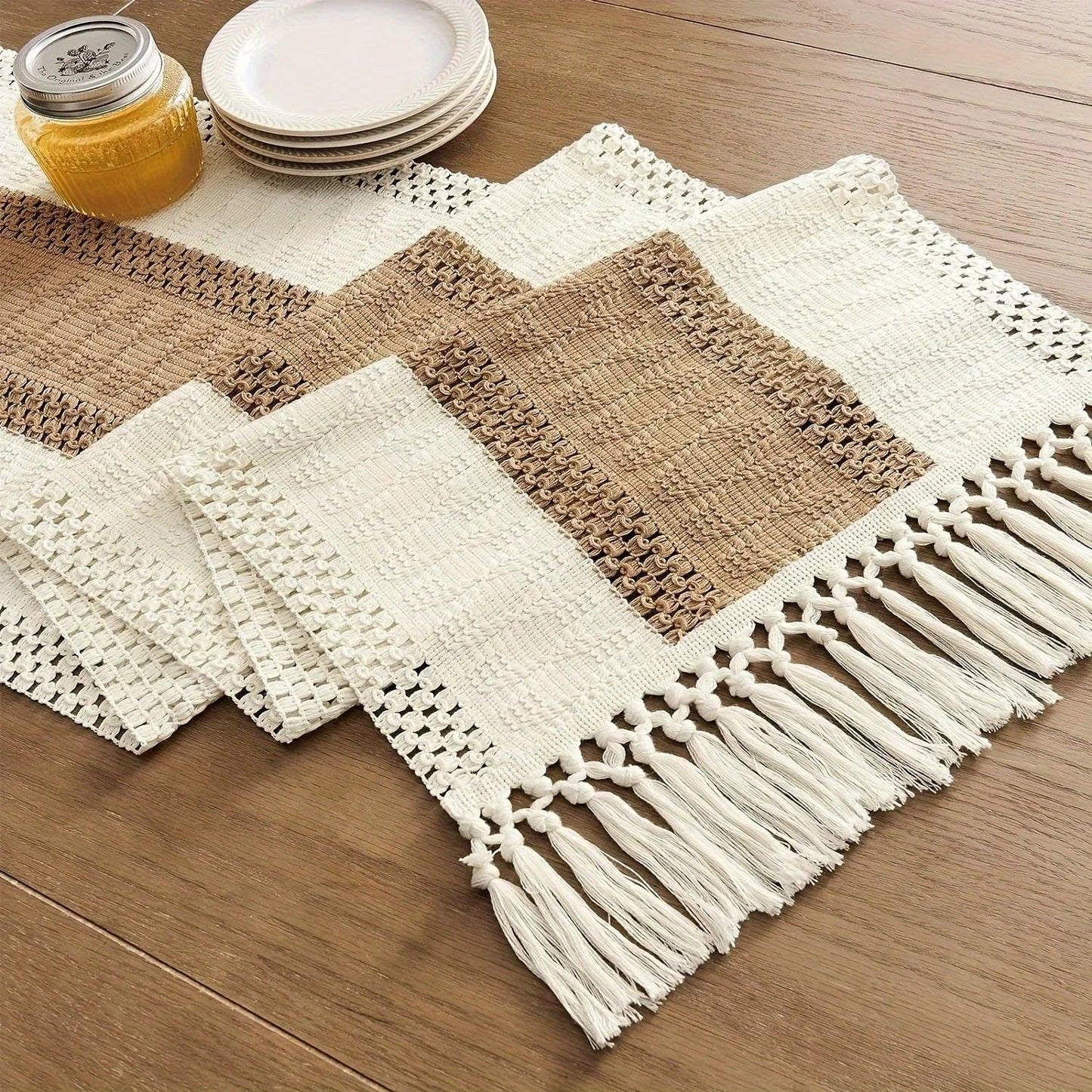 [Boho Chic Table Runner] Bohemian Chic Table Runner, 1pc Farmhouse Rustic Cream Brown Design | Macrame Crochet Polyester with Tassels - Infuses Boho Flair for Dining Room, Bedroom, Living Room Decor