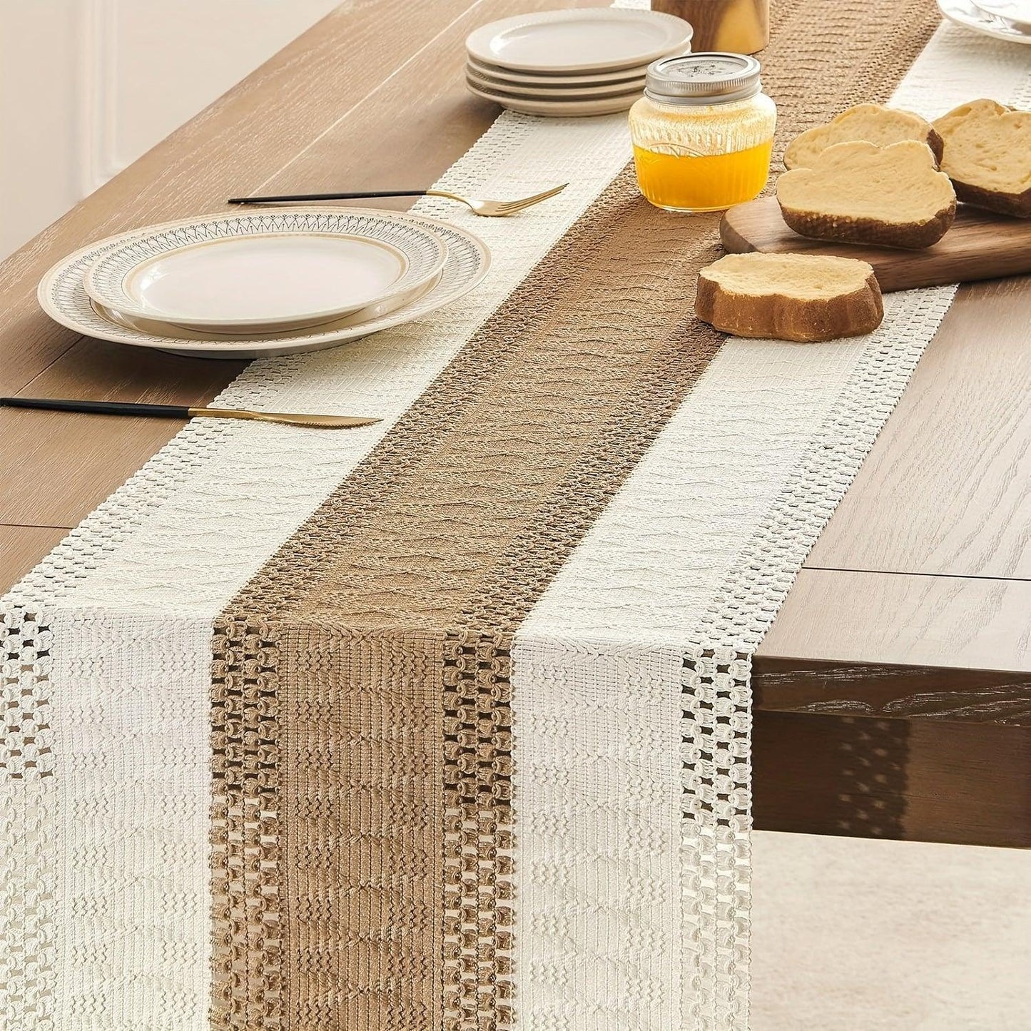 [Boho Chic Table Runner] Bohemian Chic Table Runner, 1pc Farmhouse Rustic Cream Brown Design | Macrame Crochet Polyester with Tassels - Infuses Boho Flair for Dining Room, Bedroom, Living Room Decor