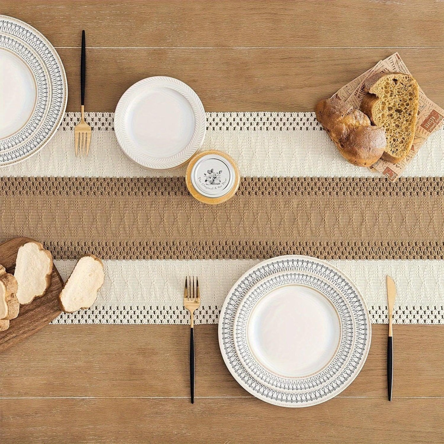 [Boho Chic Table Runner] Bohemian Chic Table Runner, 1pc Farmhouse Rustic Cream Brown Design | Macrame Crochet Polyester with Tassels - Infuses Boho Flair for Dining Room, Bedroom, Living Room Decor