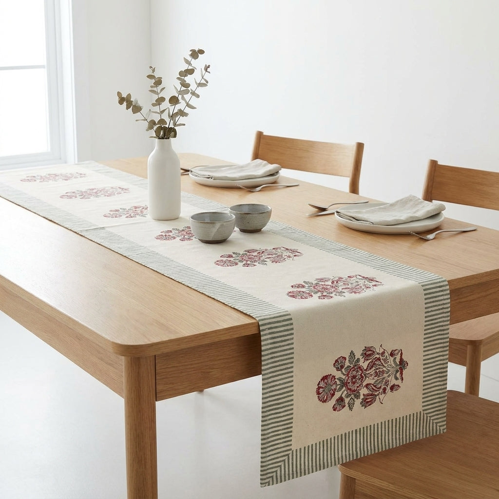 Burgundy & Charcoal Floral Bouquet Table Linen Set – 13 Piece | Hand Block Printed Cotton | Runner, Placemats & Napkins