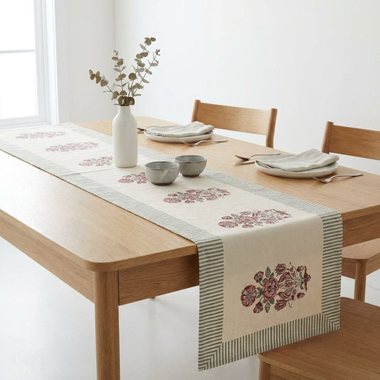 Burgundy & Charcoal Floral Bouquet Table Linen Set – 13 Piece | Hand Block Printed Cotton | Runner, Placemats & Napkins