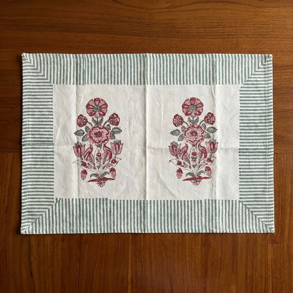 Burgundy & Charcoal Floral Bouquet Table Linen Set – 13 Piece | Hand Block Printed Cotton | Runner, Placemats & Napkins
