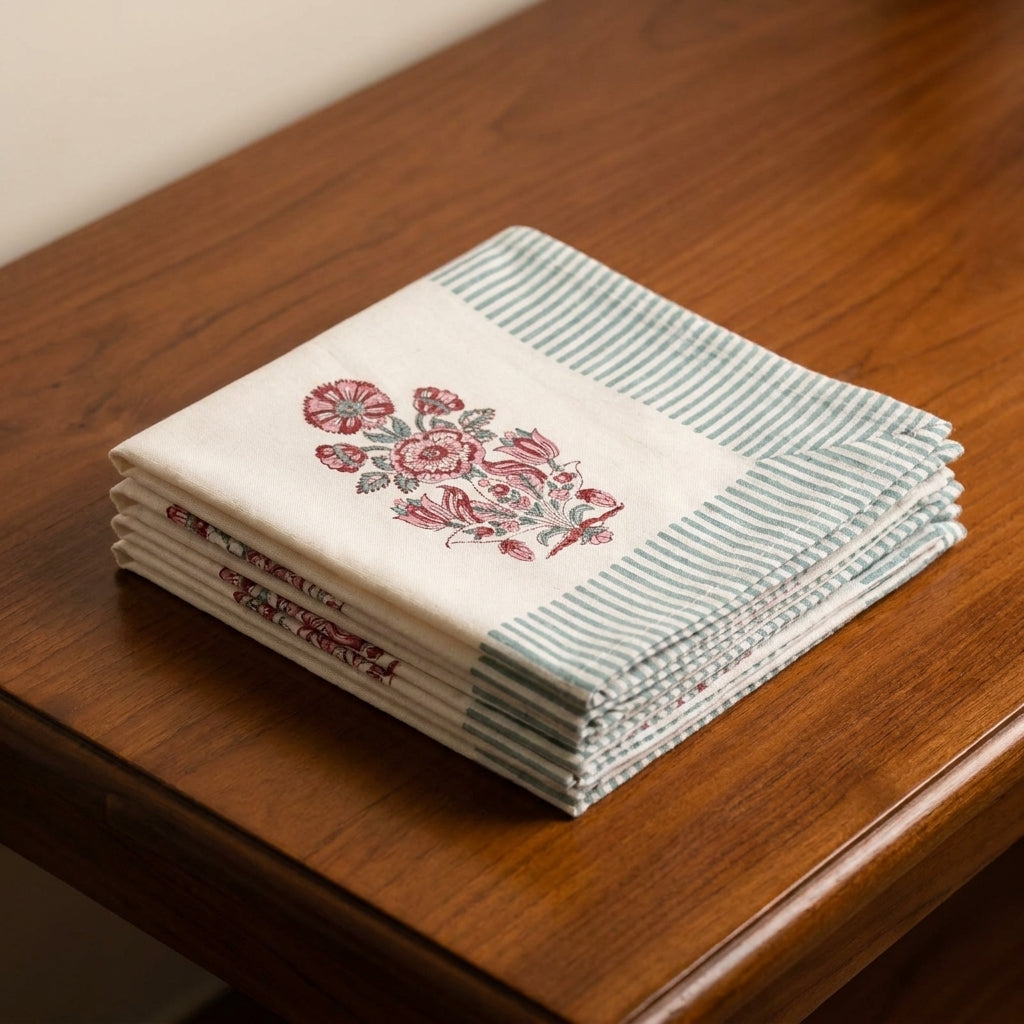 Burgundy & Charcoal Floral Bouquet Table Linen Set – 13 Piece | Hand Block Printed Cotton | Runner, Placemats & Napkins