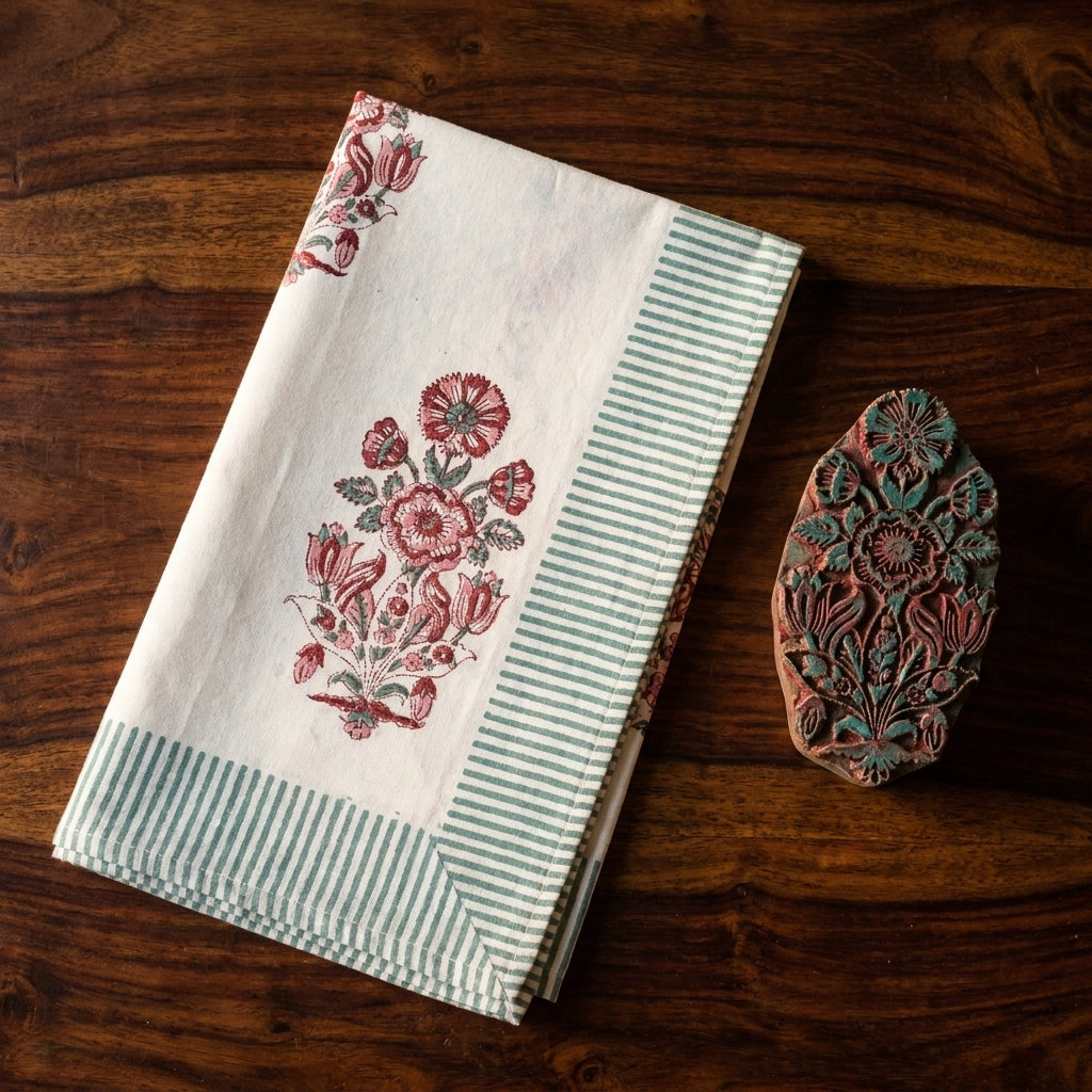 Burgundy & Charcoal Floral Bouquet Table Linen Set – 13 Piece | Hand Block Printed Cotton | Runner, Placemats & Napkins