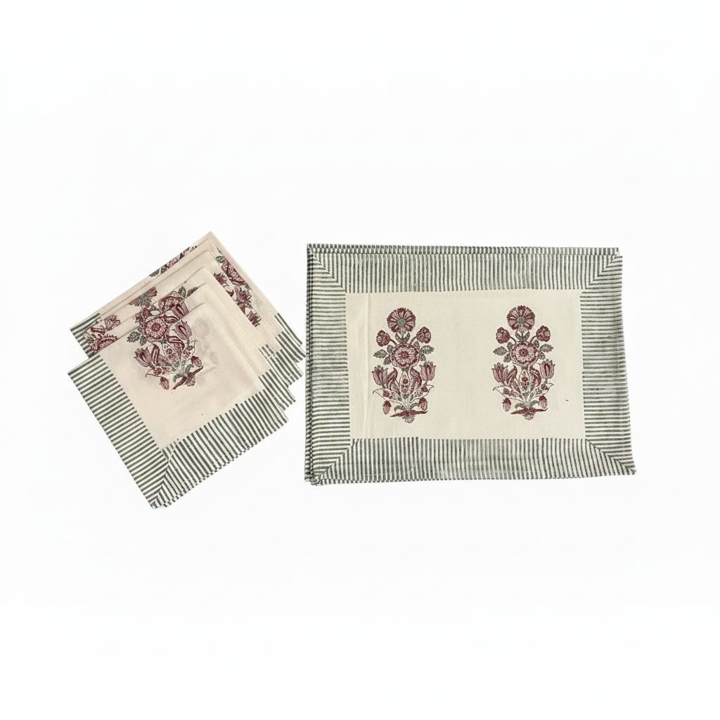 Burgundy & Charcoal Floral Bouquet Table Linen Set – 13 Piece | Hand Block Printed Cotton | Runner, Placemats & Napkins