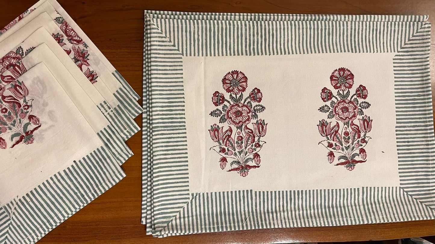 Burgundy & Charcoal Floral Bouquet Table Linen Set – 13 Piece | Hand Block Printed Cotton | Runner, Placemats & Napkins