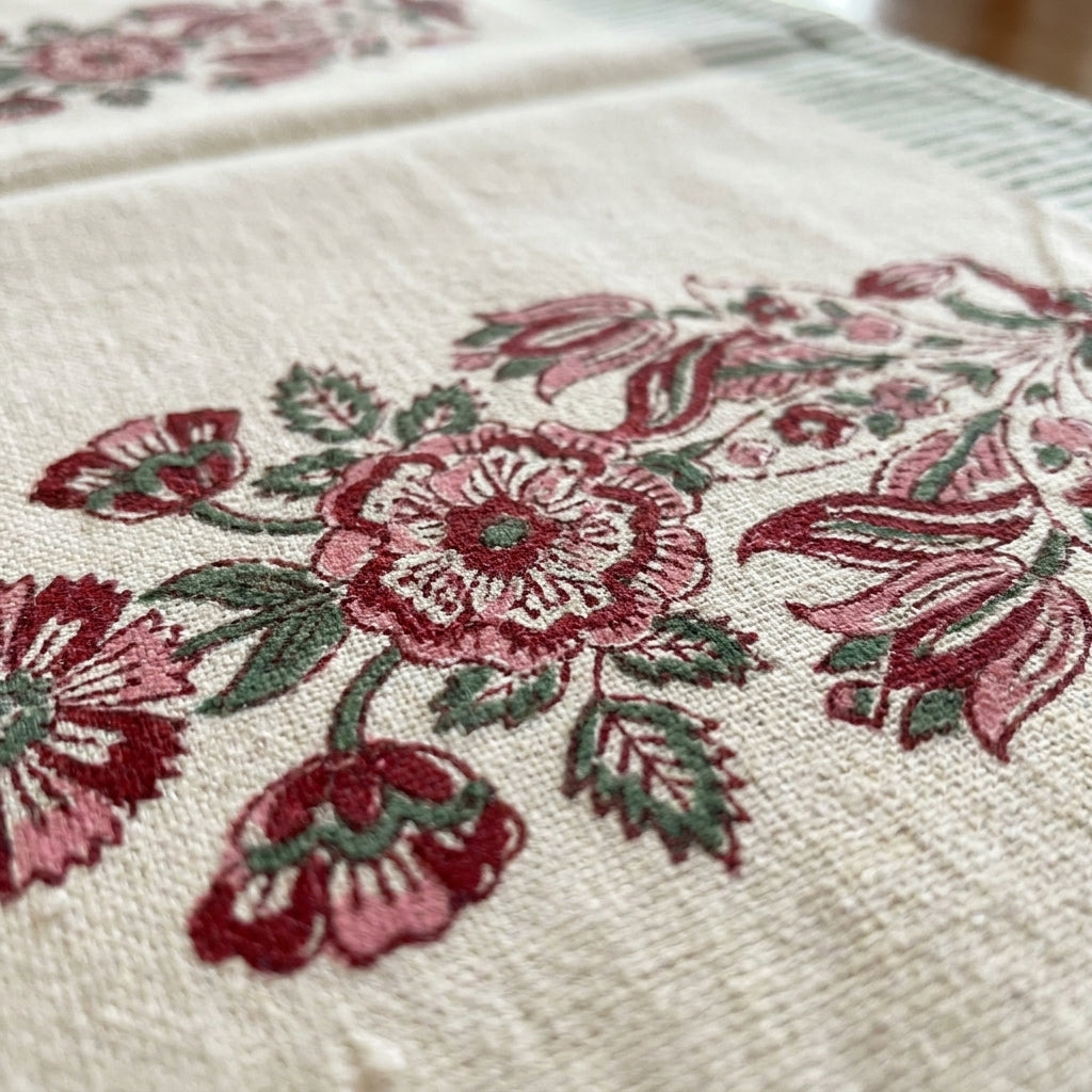 Burgundy & Charcoal Floral Bouquet Table Linen Set – 13 Piece | Hand Block Printed Cotton | Runner, Placemats & Napkins