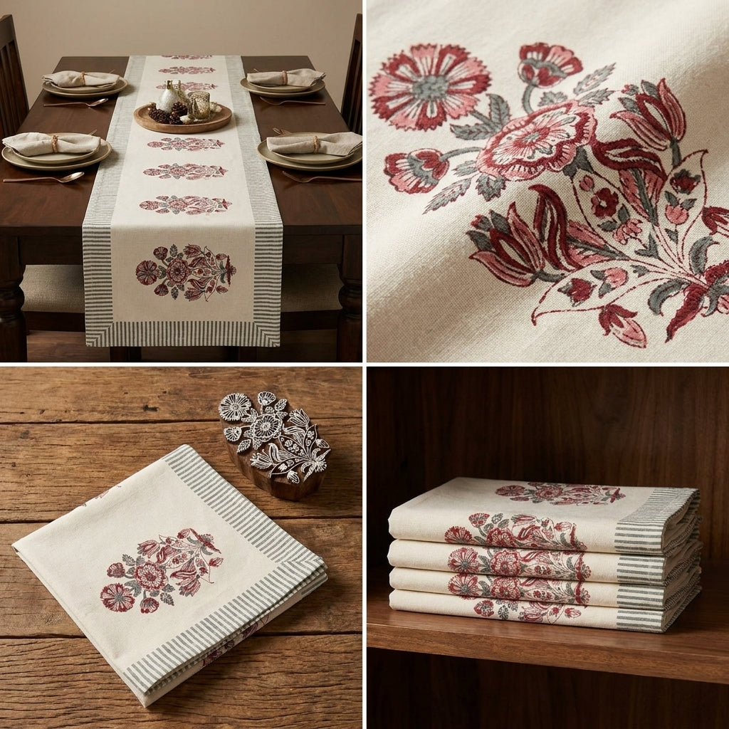 Burgundy & Charcoal Floral Bouquet Table Linen Set – 13 Piece | Hand Block Printed Cotton | Runner, Placemats & Napkins
