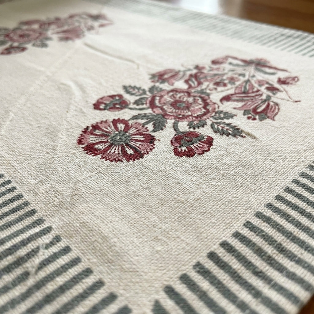 Burgundy & Charcoal Floral Bouquet Table Linen Set – 13 Piece | Hand Block Printed Cotton | Runner, Placemats & Napkins