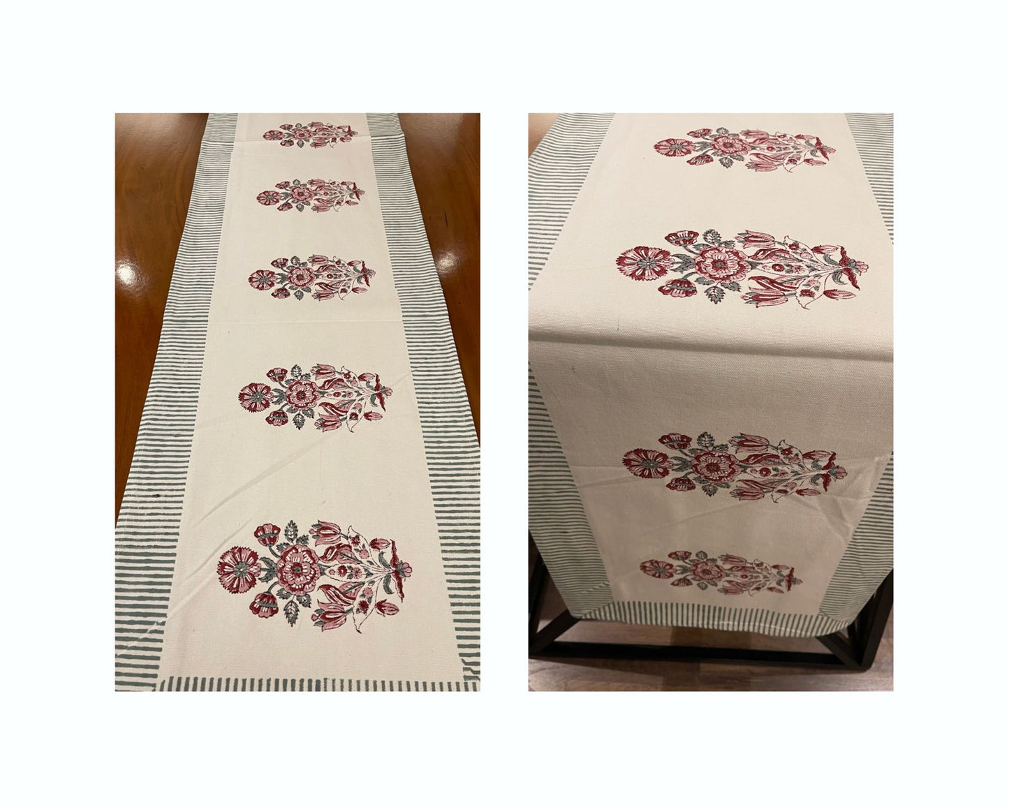 Burgundy & Charcoal Floral Bouquet Table Linen Set – 13 Piece | Hand Block Printed Cotton | Runner, Placemats & Napkins