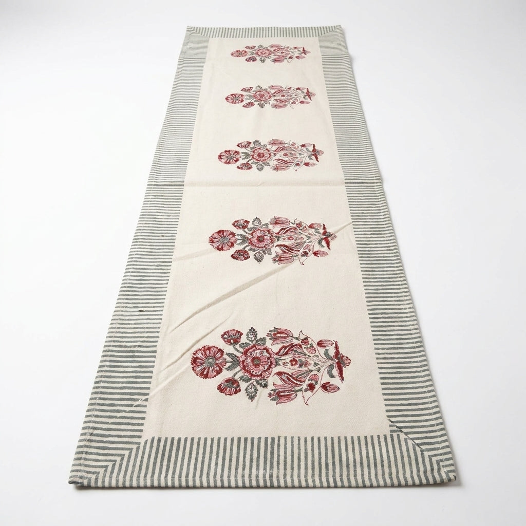 Burgundy & Charcoal Floral Bouquet Table Linen Set – 13 Piece | Hand Block Printed Cotton | Runner, Placemats & Napkins