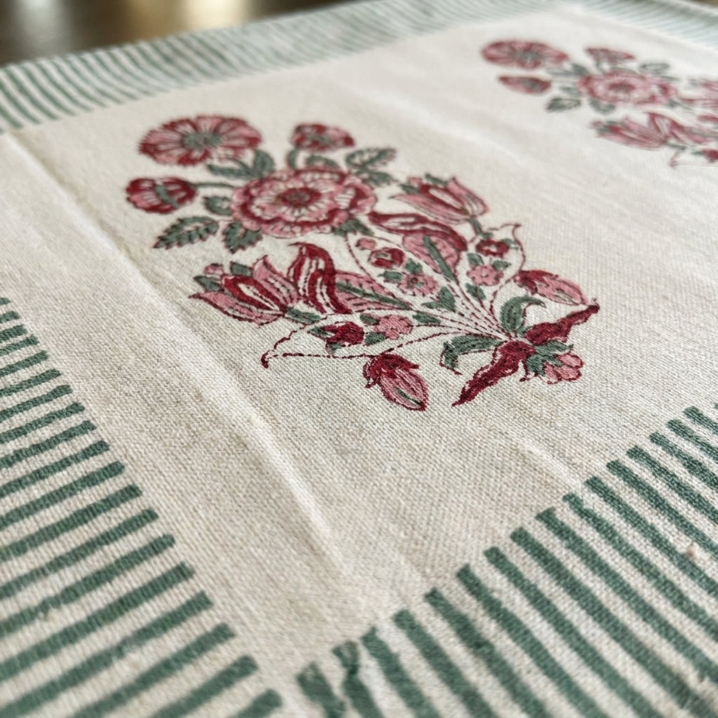 Burgundy & Charcoal Floral Bouquet Table Linen Set – 13 Piece | Hand Block Printed Cotton | Runner, Placemats & Napkins