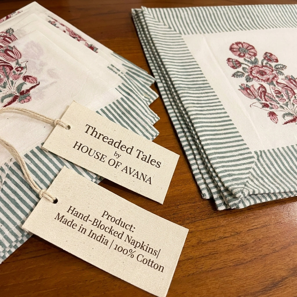 Burgundy & Charcoal Floral Bouquet Table Linen Set – 13 Piece | Hand Block Printed Cotton | Runner, Placemats & Napkins