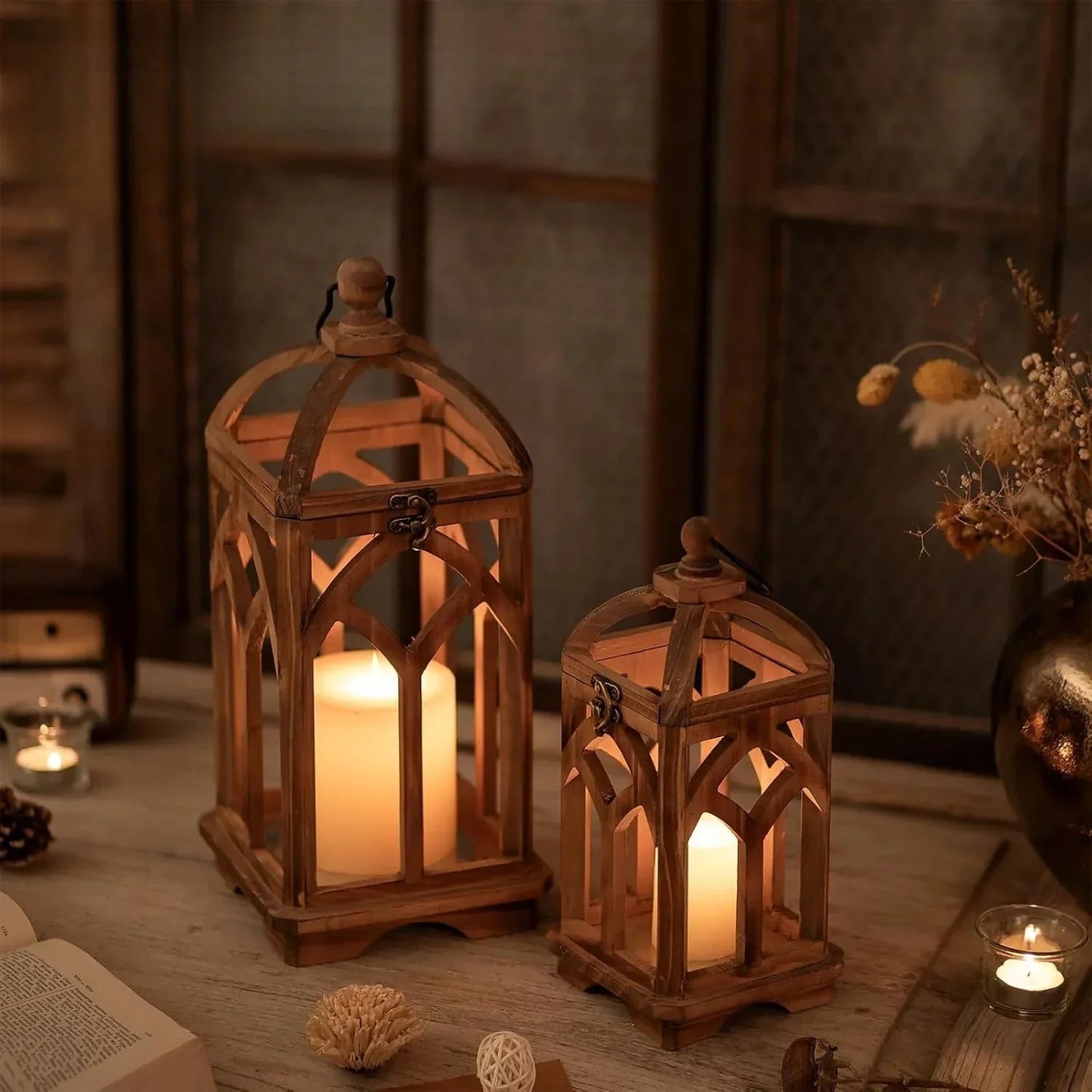 Candle Lantern - Rustic Wooden Set