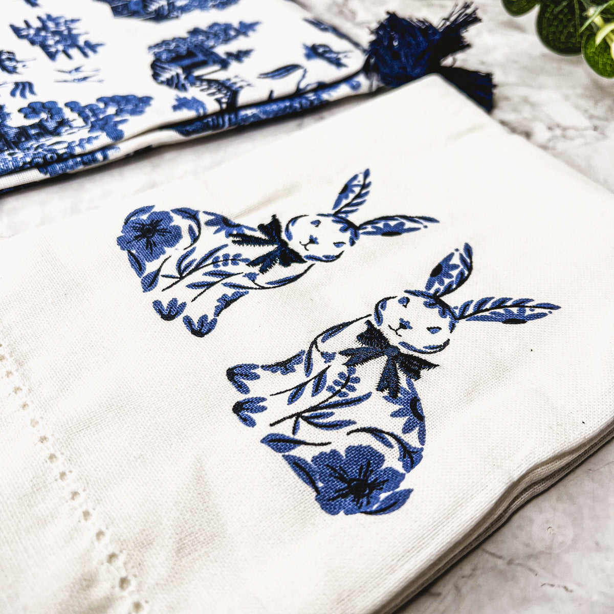 Chinoiserie Bunny Embroidered Cotton Dish Towels Oversized Tassel 17x29
