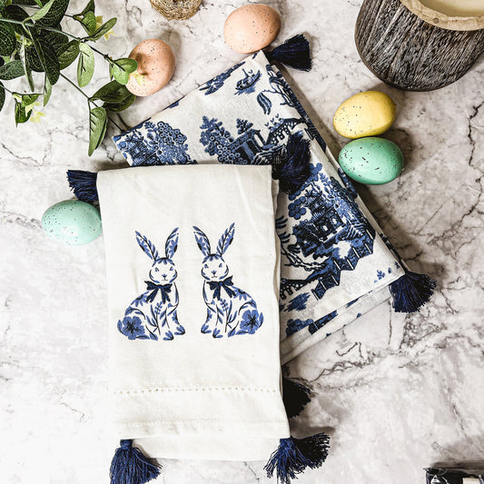 Chinoiserie Bunny Embroidered Cotton Dish Towels Oversized Tassel 17x29
