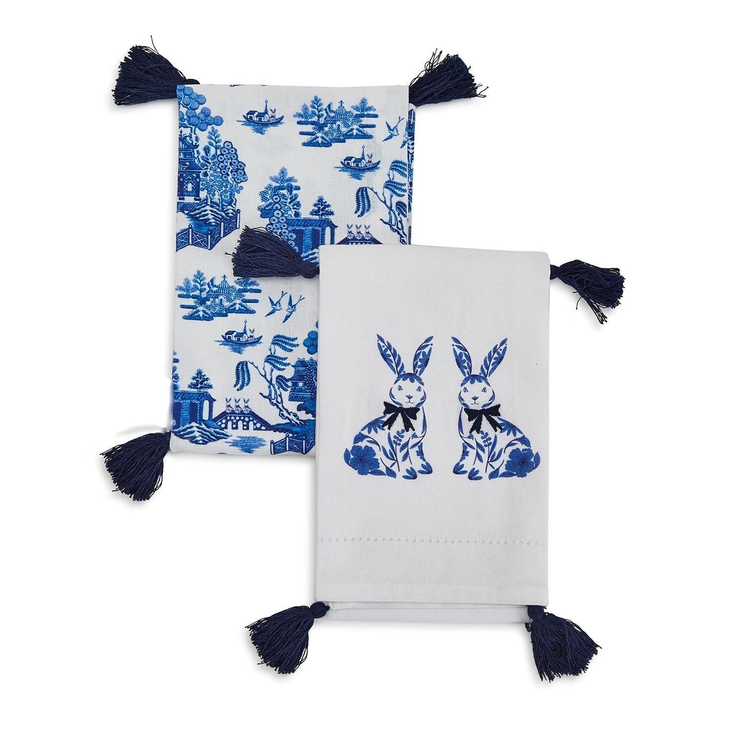 Chinoiserie Bunny Embroidered Cotton Dish Towels Oversized Tassel 17x29