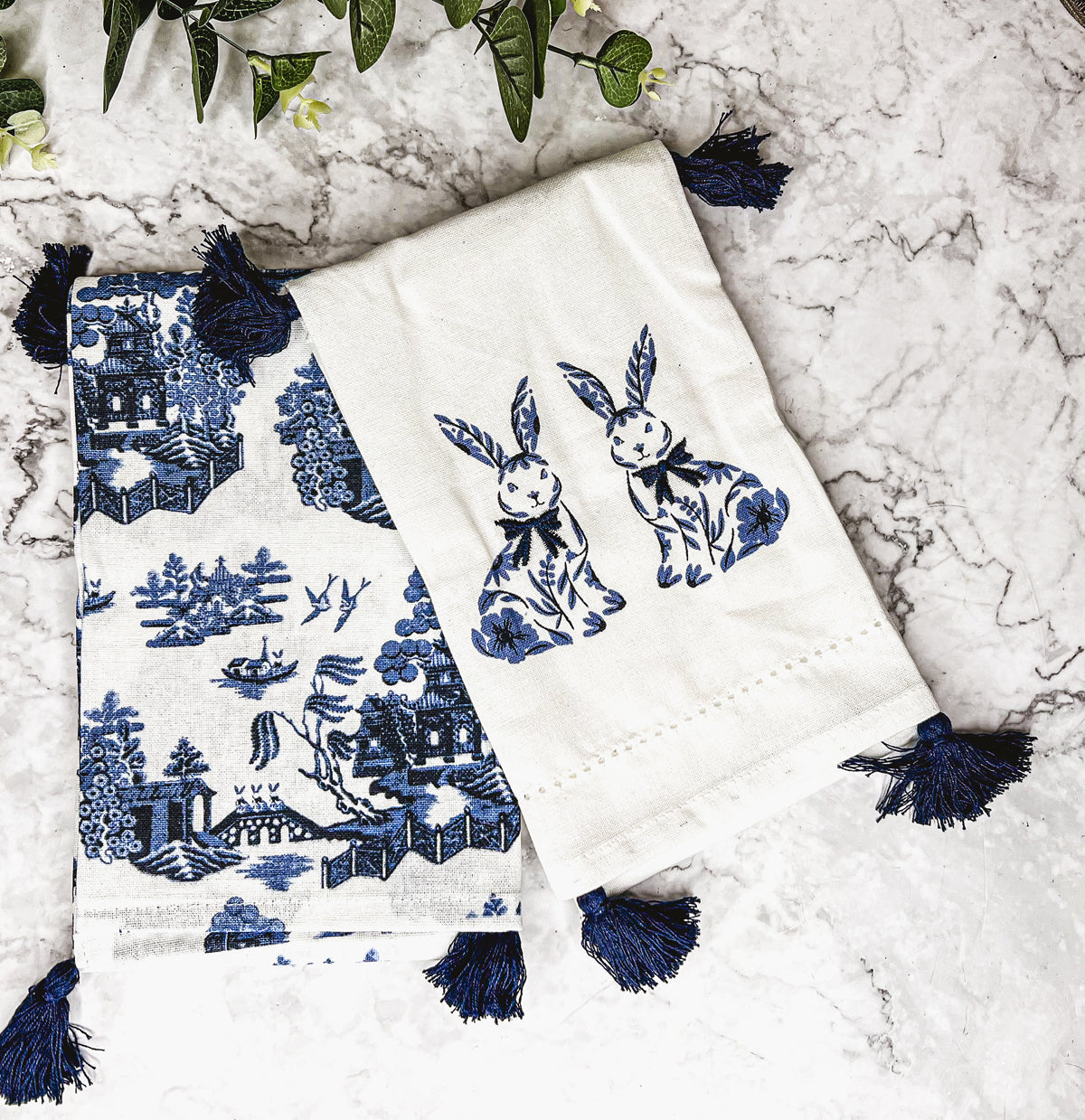 Chinoiserie Bunny Embroidered Cotton Dish Towels Oversized Tassel 17x29