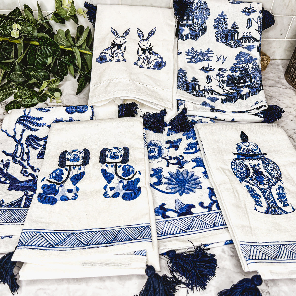 Chinoiserie Bunny Embroidered Cotton Dish Towels Oversized Tassel 17x29