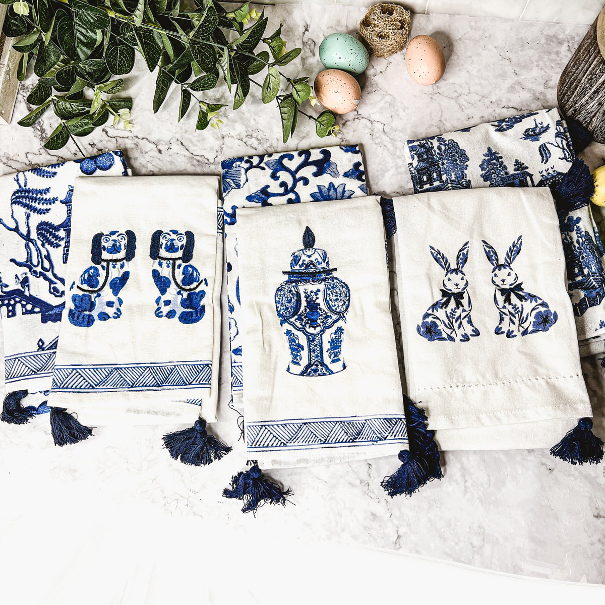 Chinoiserie Bunny Embroidered Cotton Dish Towels Oversized Tassel 17x29
