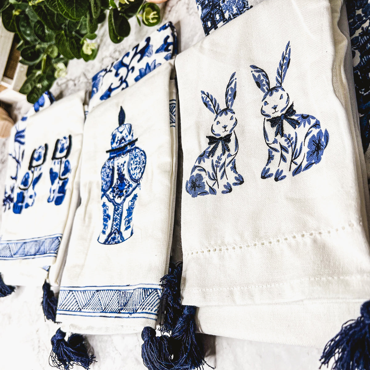 Chinoiserie Bunny Embroidered Cotton Dish Towels Oversized Tassel 17x29
