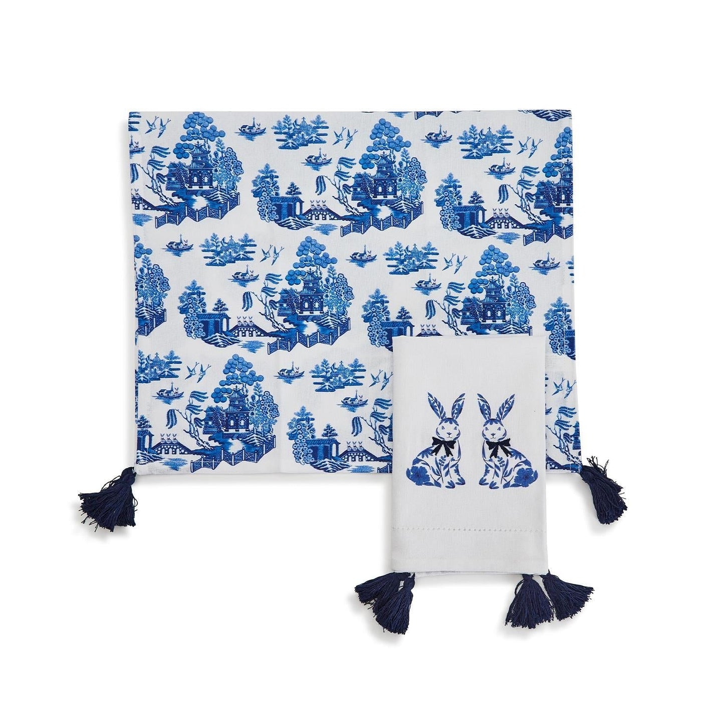 Chinoiserie Bunny Embroidered Cotton Dish Towels Oversized Tassel 17x29