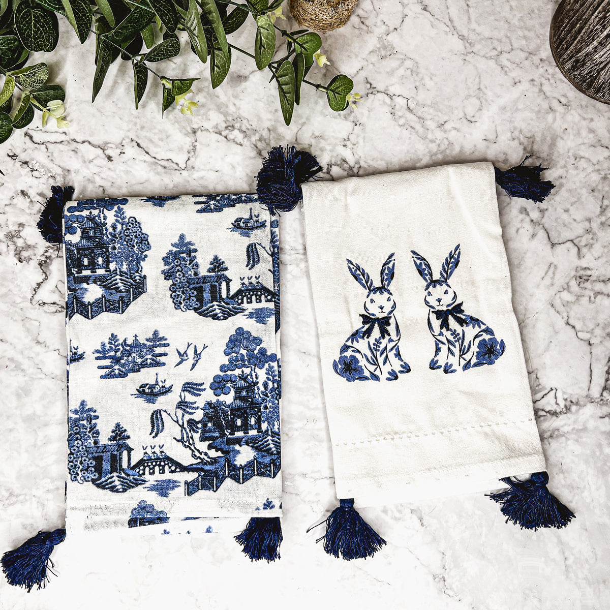 Chinoiserie Bunny Embroidered Cotton Dish Towels Oversized Tassel 17x29